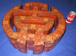 Chinese Reticulated Marriage Box Red Lacquer 20 " Dia Unusual Design Antique