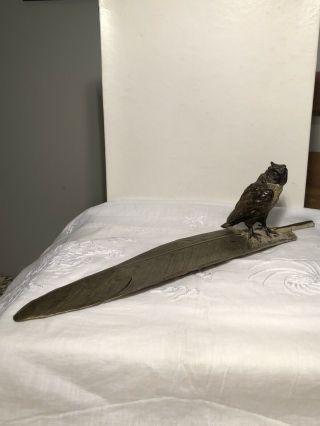 Vintage Austrian Bronze Owl Feather Pen Rest Marked Geschutzt
