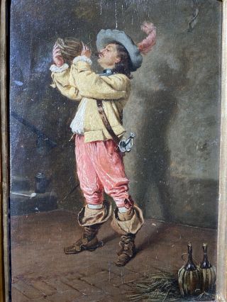 Antique Oil Painting On Board Of A Man Drinking Wine