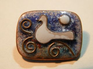 Vintage Mcm Mid Century Modern Signed Copper & Enamel Bird Dove Pin Brooch