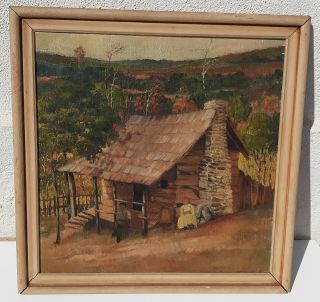 Early 20th C American Impressionist Antique Log Cabin Landscape Carolina Mountai