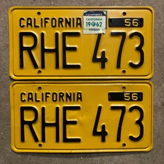 1956 California License Plate Pair Rhe 473 Yom Dmv Clear Ford Chevy 1958 1959