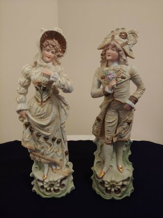 Vintage Antique Large Hand Painted Bisque Porcelain 15 " Statues Victorian Couple