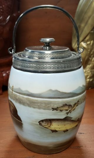 Circa 1900 Austrian Carl F.  Boseck Porcelain Speckled Trout Biscuit Jar