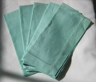 5 Vintage Linen Napkins Aqua - Blue/green