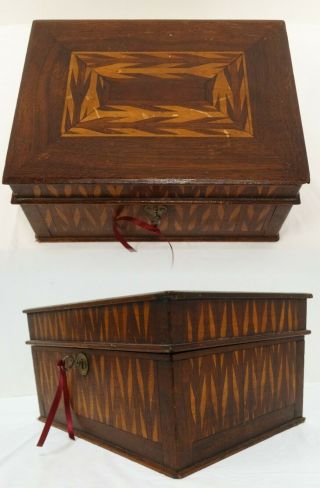 Antique 19th C Maine Folk Art Box Marquetry With Key Hand Made