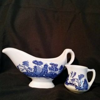 Vintage Gravy Boat And Creamer Blue Japanese Looking Scenery On White