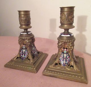 Pair Antique 1800s Figural Ornate French Gilt Bronze Enamel Candle Stick Holders