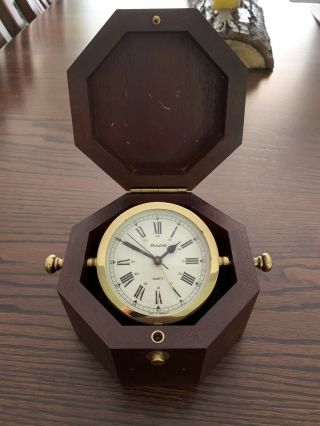 Vintage Bulova B7910 Quartermaster Maritime Ships Quartz Clock In Wooden Case