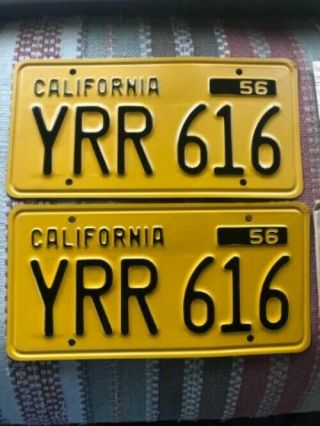 Vintage 1956 California Pair License Plates Front Rear Yellow W/ Envelope Ca