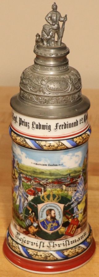 1/2l Old Antique German Regimental Porcelain Beer Stein,  Lithophane
