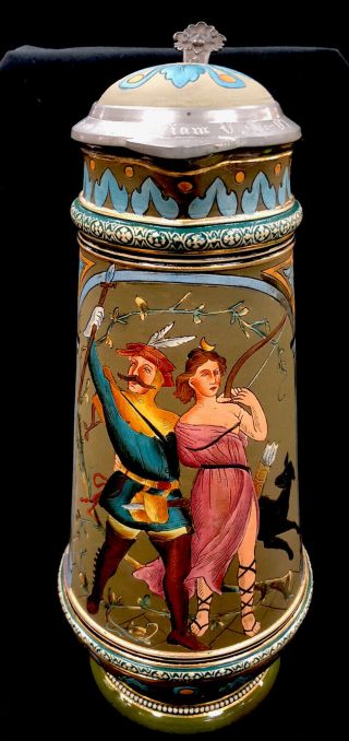 Antique S P Gerz German Beer Stein Hunter And The Goddess Diana 1237a 3.  0 L
