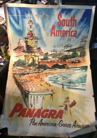 Rare Vintage 1940 Pan Am South America Travel Poster Panagra Pan American Grace