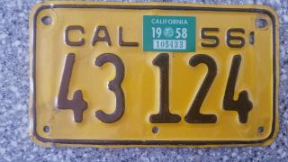 1956 California Motorcycle License Plate,  1958 Validation,  Dmv Clear Guaranteed