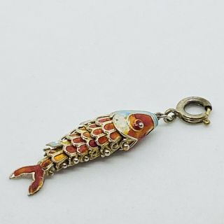 Vintage Chinese Sterling Silver Filigree Articulated Fish Pendant Enamel 1” 2