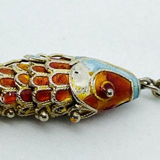 Vintage Chinese Sterling Silver Filigree Articulated Fish Pendant Enamel 1” 3