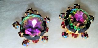 Vintage Beau Jewels Rhinestone Clip - On Earrings Watermelon Crystals Iridescent