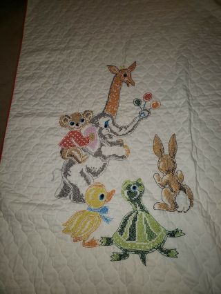 Vintage Embroidered Hand Stitched Quilt - Baby Animals - Crib Blanket Nursery