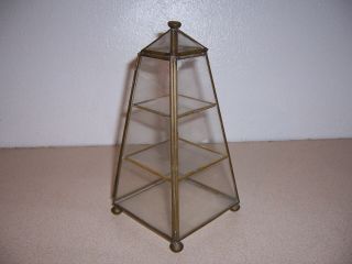 Vtg 9 " Brass & Glass 3 Tier Pyramid Shelf Curio Case Tabletop Display