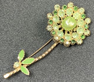 Vintage High End Brooch Pin Green Peridot Crystal Rhinestones Flower Lot4