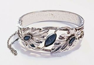 Vintage Whiting And Davis Blue Rhinestone Leaf Design Hinged Bangle Bracelet