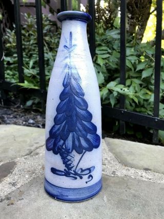 Vtg Rowe Pottery Salt Glazed Blue Stoneware X - Mas Tree Bottle Candle Holder 9 "