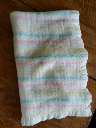Vtg Baby Open Weave Crib Blanket Acrylic Nylon Trim Pastel Stripe Usa
