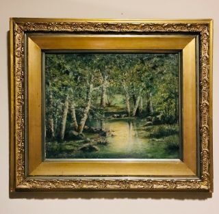 Vintage Oil On Board Landscape Painting In Antique Ornate Frame