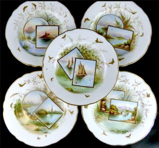 N801 Set Of 8 Antique English Porcelain Plates Hand Painted Named Scenes