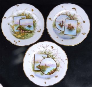N801 SET OF 8 ANTIQUE ENGLISH PORCELAIN PLATES HAND PAINTED NAMED SCENES 2