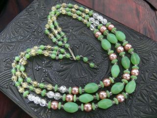 Vintage Art Deco 3 Strand Green,  Clear & Pale Gold Crackle Glass Bead Necklace