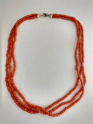 Antique Victorian Natural Salmon Coral Beaded 3 Strand Necklace Choker