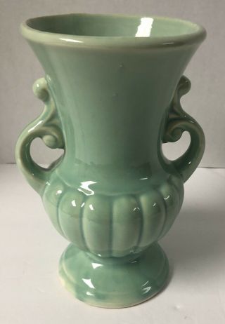 Vintage Art Pottery Vase Brush Mccoy Usa Handled Light Blue Green Color