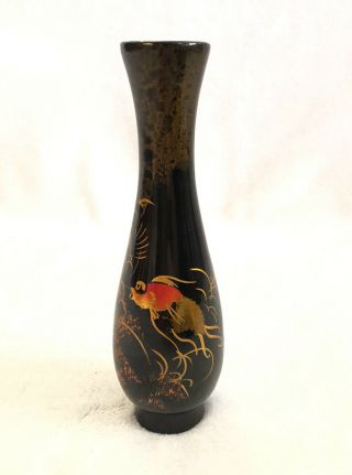 Vintage Japanese Black Lacquer Vase Gold Koi Carp Fish