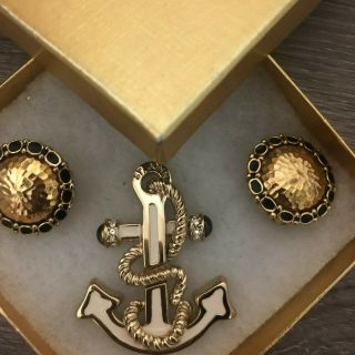 Vintage St John Cream Gold Tone Cream Enamel Anchor Pin Brooch & Button Earrings
