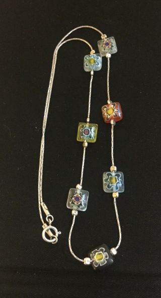 Vintage 925 Silver Millefiori Glass Bead Necklace Chain
