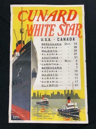 Cunard White Star Line 1930s Poster Of Rms Olympic Titanic Sister Ship
