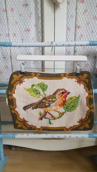 Vintage Embroidered Wool Work Cushion Cover Robin