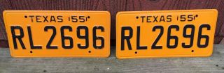 Texas 1955 Passenger Car License Plate Tag Matched Pair Set Never Mounted