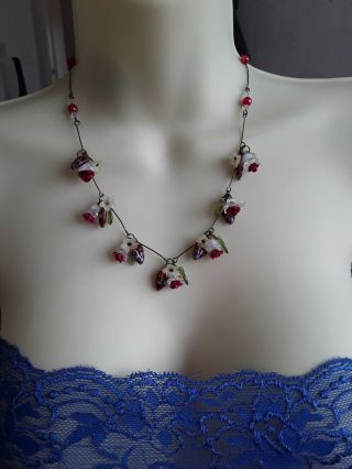 Vintage Art Deco Style Strawberry Rose Flower Bead Necklace