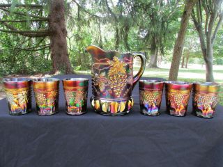 Northwood Grape & Cable Antique Carnival Glass Complete 7 Pc.  Water Set Purple
