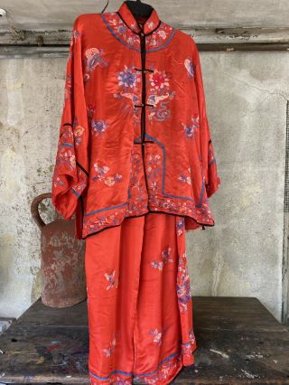 Antique Qing Chinese Red Silk Pajama Lounge Set Embroidery Moths Brass Buttons