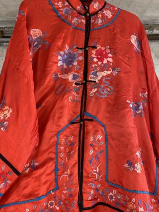 Antique Qing Chinese Red Silk Pajama Lounge Set Embroidery Moths Brass Buttons 2