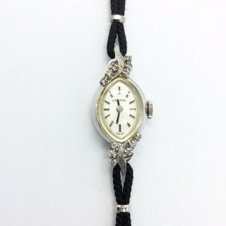 14k Gold 12 Diamonds Croton Swiss Vintage Ladies Watch With Black Cord