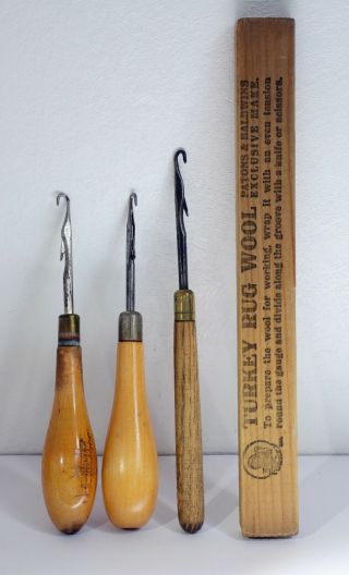 Vintage Wooden Rug Maker Hand Tools X 3 (latch Hooks),  Wool Gauge