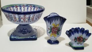 Vestal Alcobaca Portugal Ceramic Bowl Vintage Blue Hand Painted Set Of 3