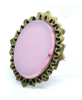 Elegant Antique Victorian Gold Gilt Brass Frosted Fuchsia Glass Inset Brooch Pin