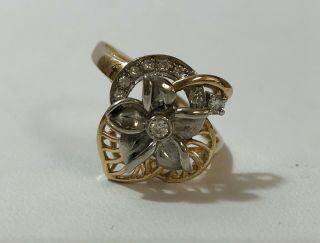 Vintage 14k Gold Flower Ring With Diamond Accents
