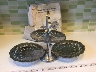 Old Retro Vintage Silver Three Tier Cake Stand Cookie Sweet Dish Kitsch Display