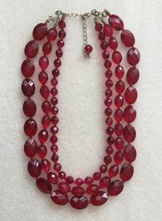 Vintage Red Glass Bead Necklace Triple Strand Faceted Crystals Rhinestones